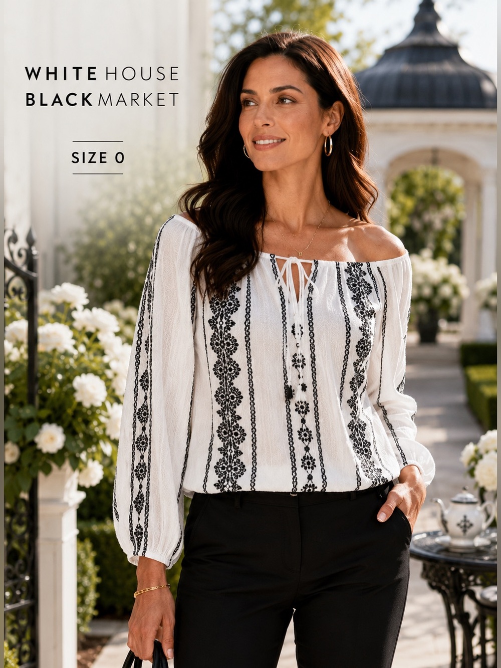 White House Black Market 0 Embroidered Peasant Blouse Black White Boho